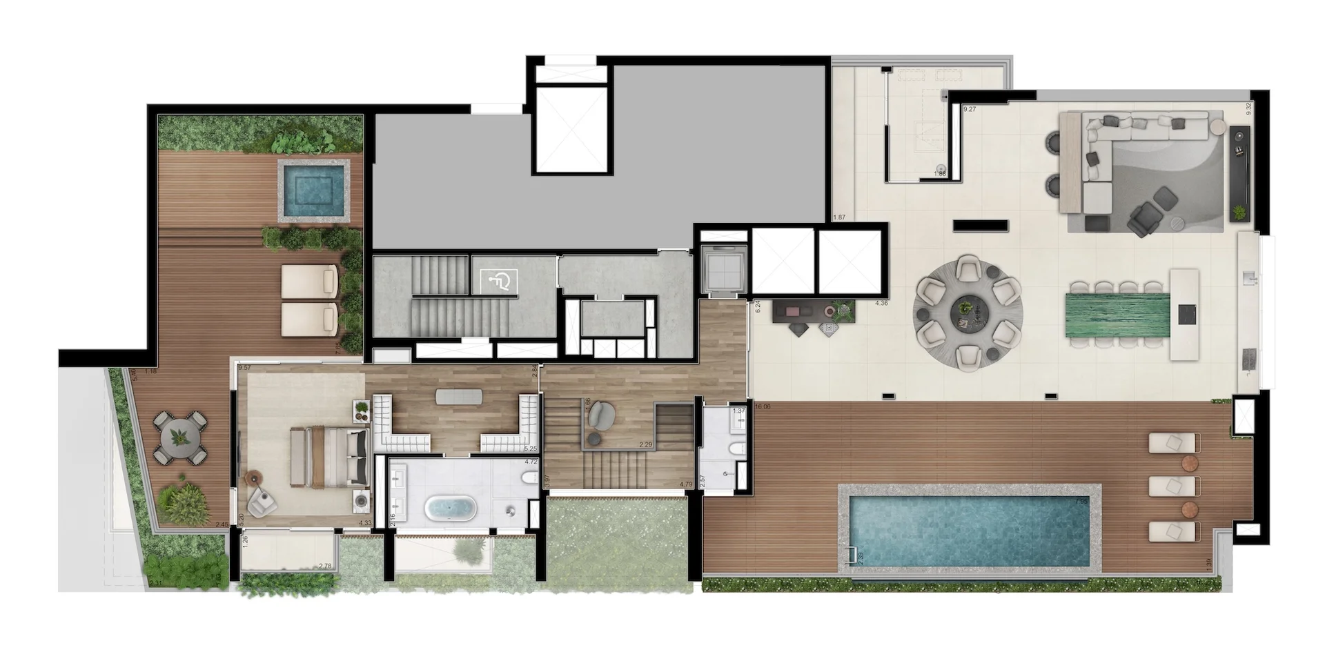 Planta cobertura 923m² - 5 suítes (pavimento superior)